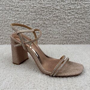 Badgley‎ Mischka Heel Sandal Womens 7.5 Nude Firey Bejeweled Block Heel Strappy